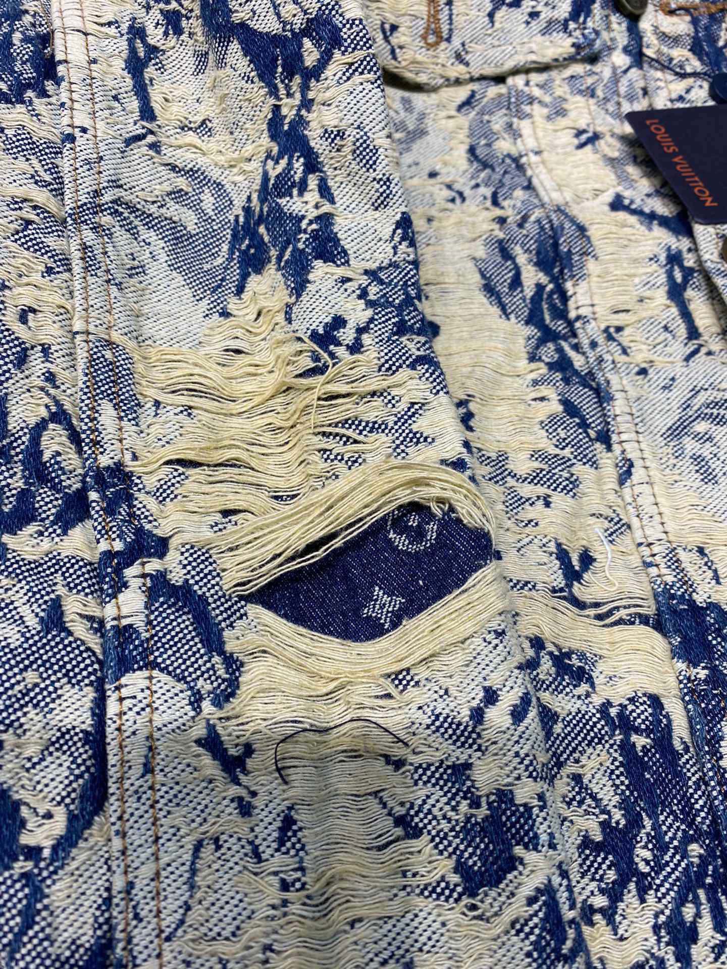 Louis Vuitton Distressed Floral Jacquard Fringe Denim Jacket