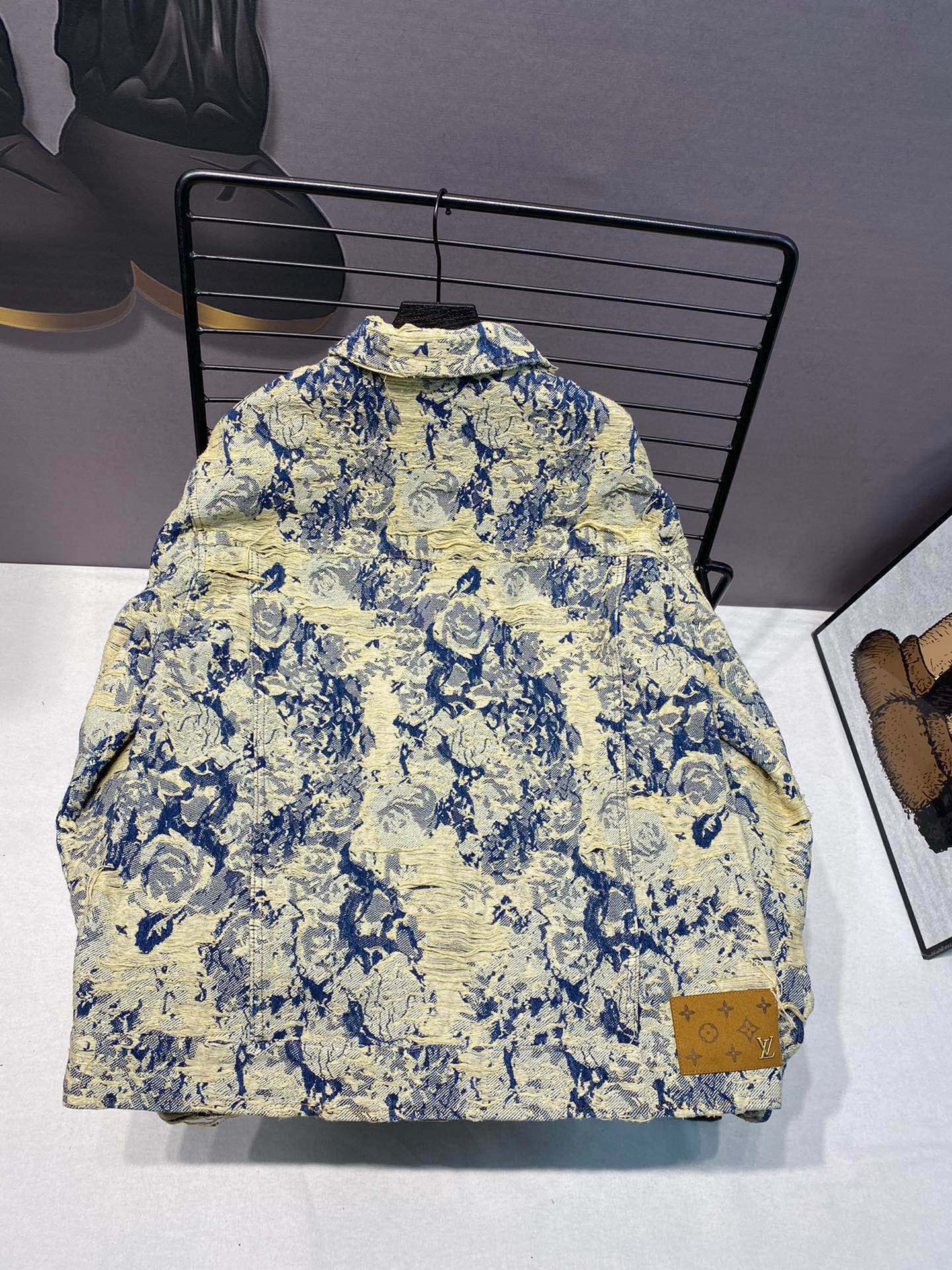 Louis Vuitton Distressed Floral Jacquard Fringe Denim Jacket