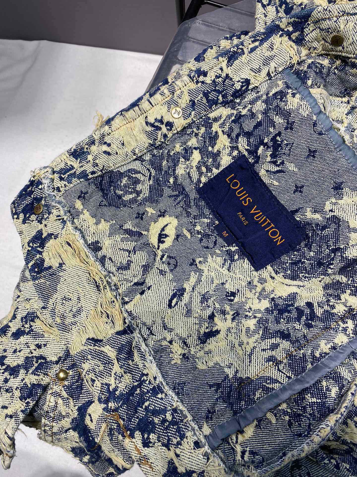 Louis Vuitton Distressed Floral Jacquard Fringe Denim Jacket