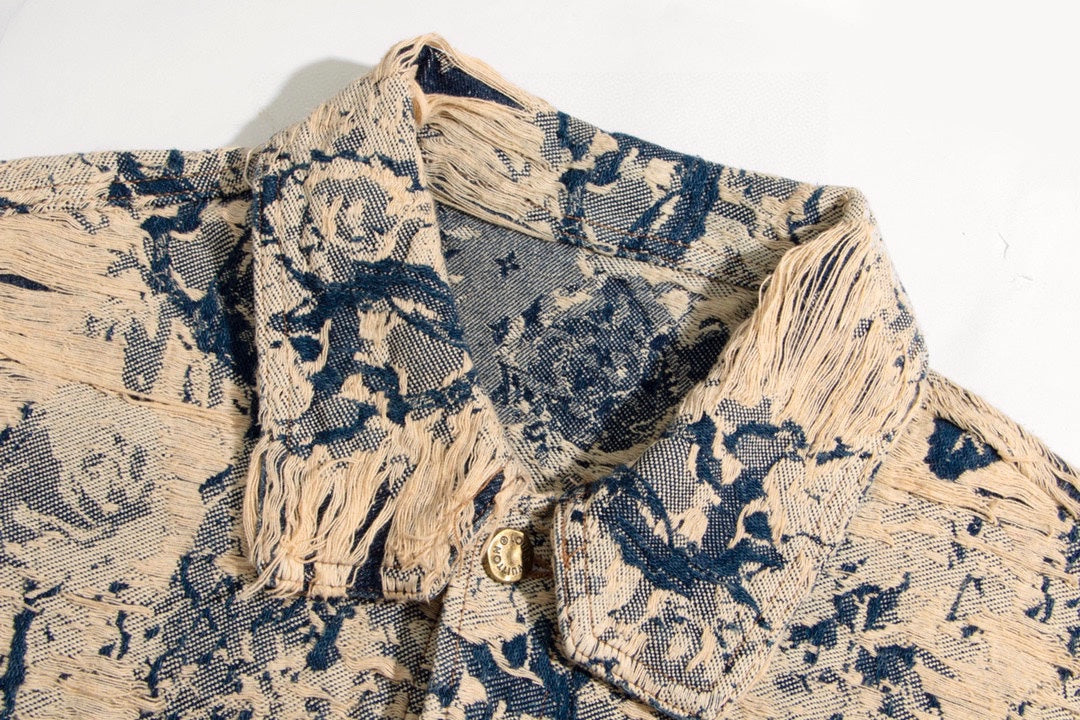 Louis Vuitton Distressed Rose Jacquard Fringe Denim Jacket