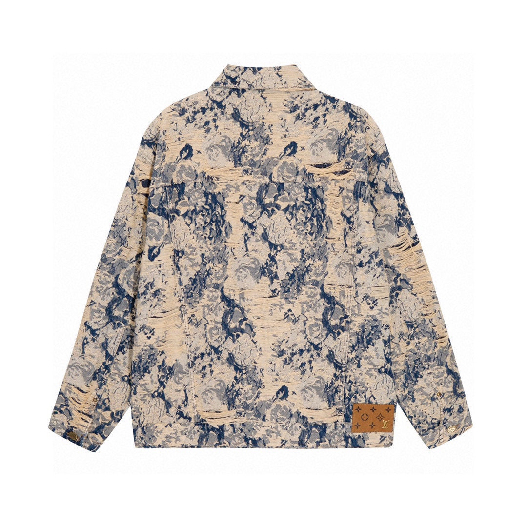 Louis Vuitton Distressed Rose Jacquard Fringe Denim Jacket