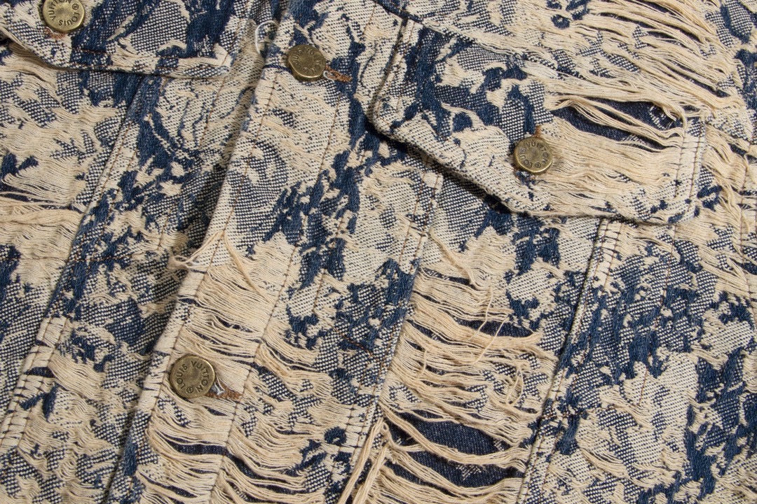 Louis Vuitton Distressed Rose Jacquard Fringe Denim Jacket
