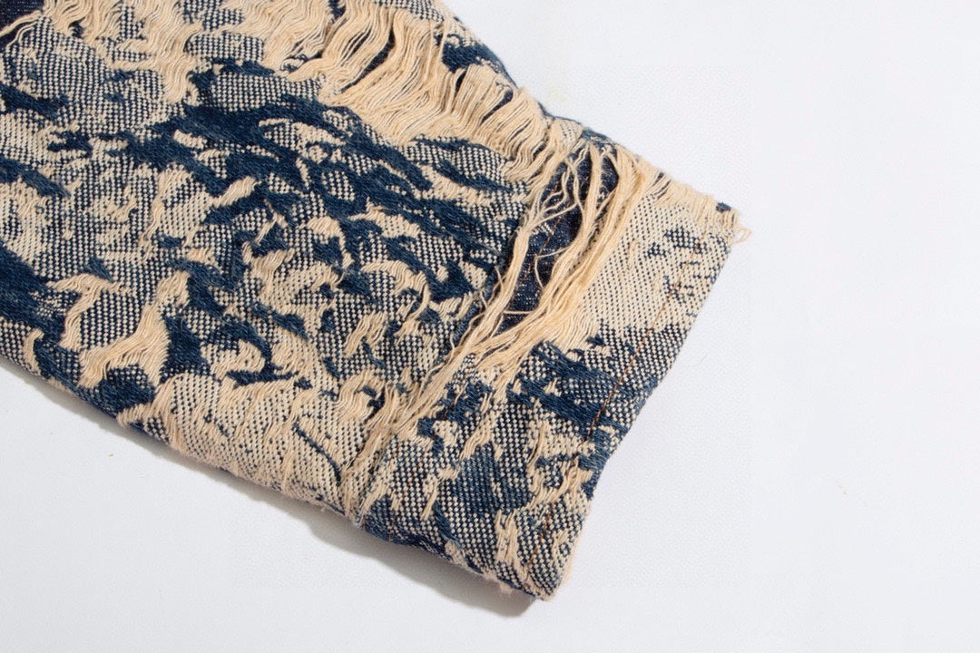 Louis Vuitton Distressed Rose Jacquard Fringe Denim Jacket