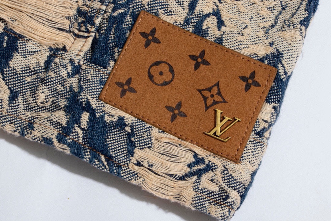 Louis Vuitton Distressed Rose Jacquard Fringe Denim Jacket
