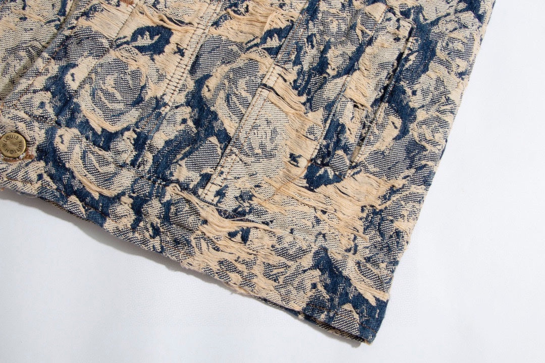 Louis Vuitton Distressed Rose Jacquard Fringe Denim Jacket