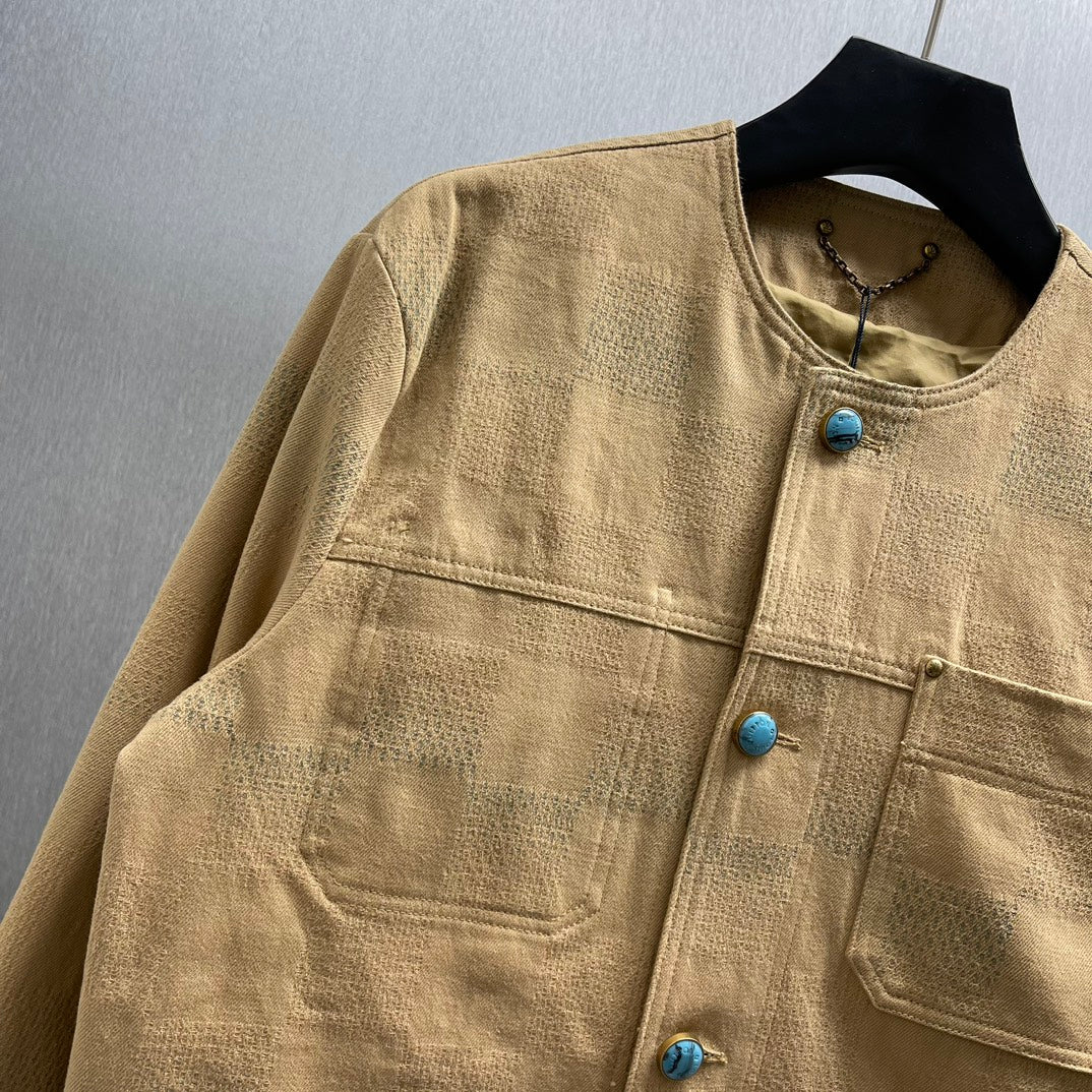 LV Collarless Jacquard Denim Workwear Jacket | Sizes S–XL