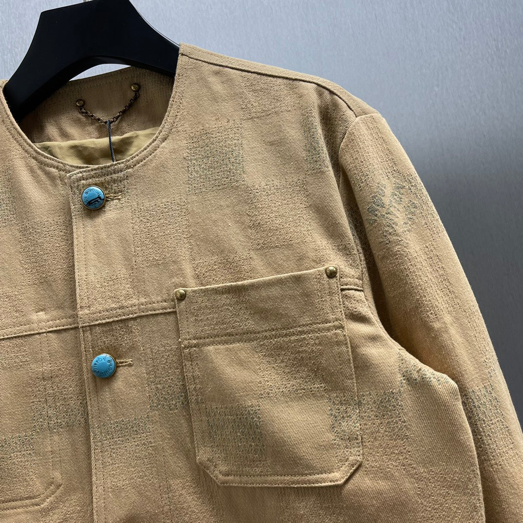 LV Collarless Jacquard Denim Workwear Jacket | Sizes S–XL